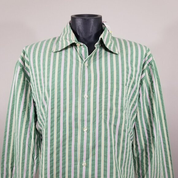 New 7 For All Mankind Pink Green Striped Crinkle Cotton Button Down Preppy XL - Picture 2 of 14